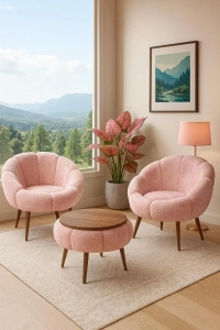 LİDA Pembe Wellsoft Peluş Kumaş İkili Berjer Seti ÖZEL SEHPALI (Salon,Balkon,Ofis)